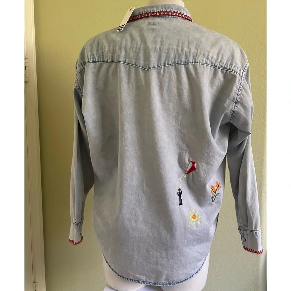 NWT NSF Suz Embroidered button Down Long Sleeve Denim Shirt in Formosa​